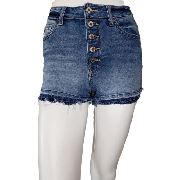 KanCan | Medium Wash High Rise Button Fly Raw Hem Shorts Stretch Women's S - Picture 1 of 6